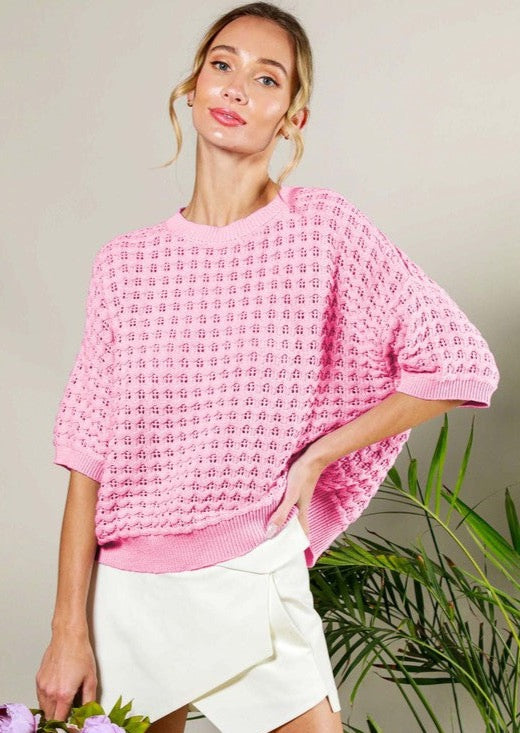 Solid Knit Short Sleeve Sweater - Pink