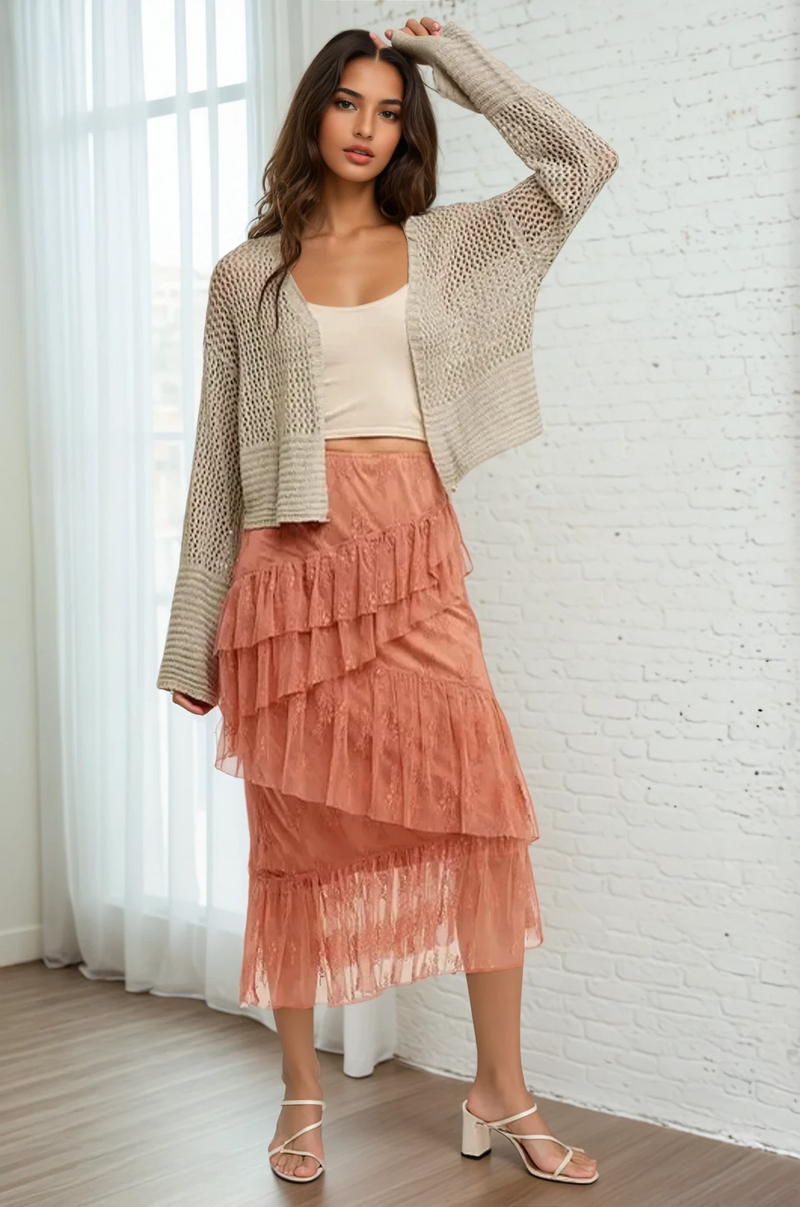 Tiered Straight Lace Midi Skirt