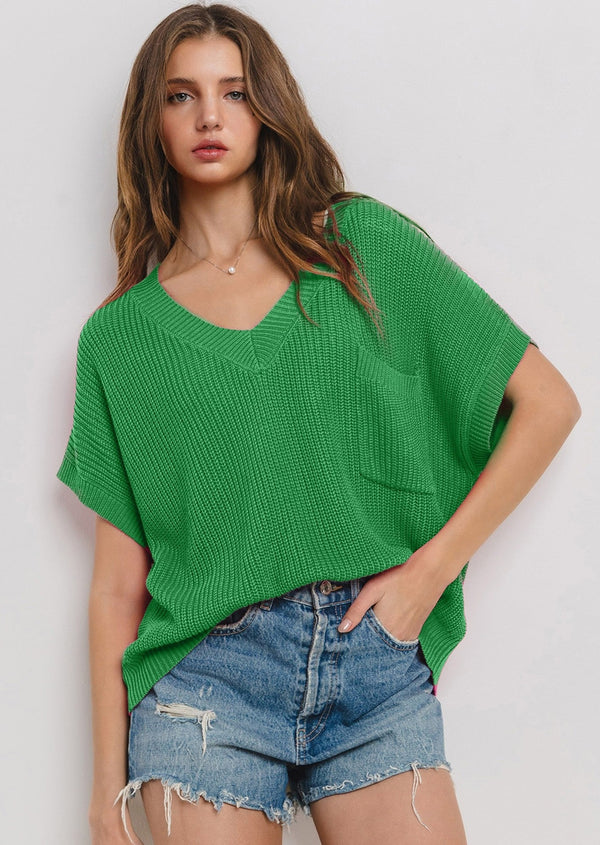 V-Neck Short Sleeve Sweater - Green