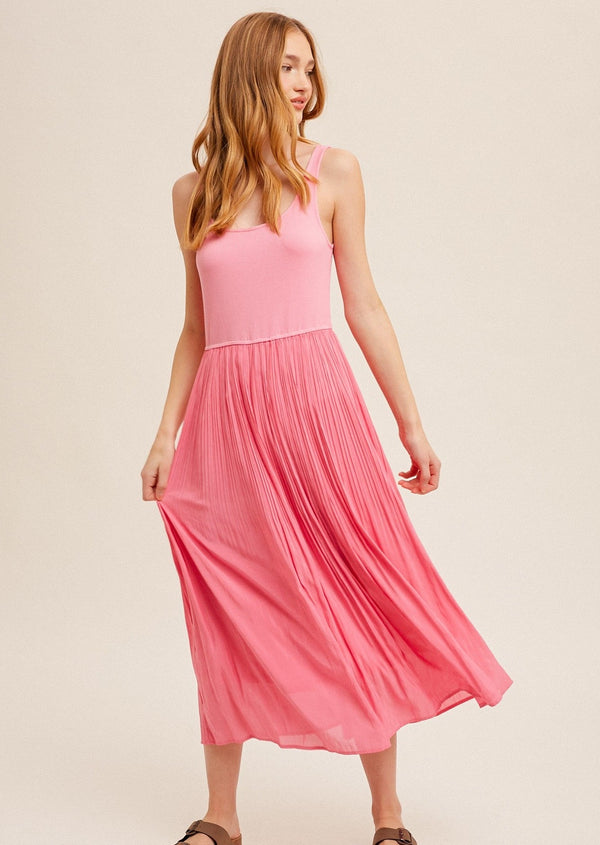 Pleated Skirt Tank Dress - Pink