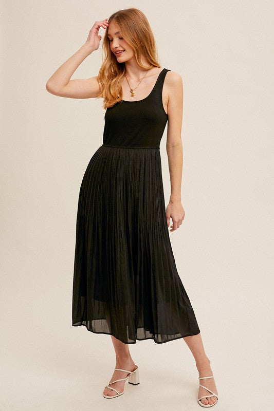 Pleated Skirt Tank Dress - Black