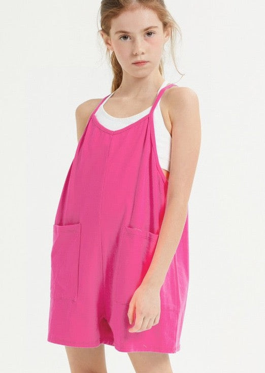 Girl's Tessa Cotton Overall Romper -Hot Pink