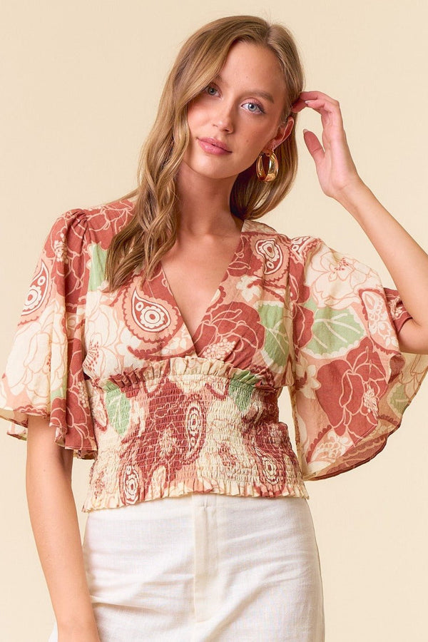 V-Neck Floral Kimono Blouse