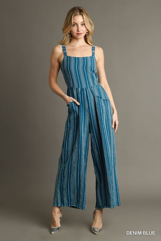 Striped Linen Jumpsuit - Denim Blue