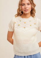 Floral Embroidered Short Sleeve Sweater
