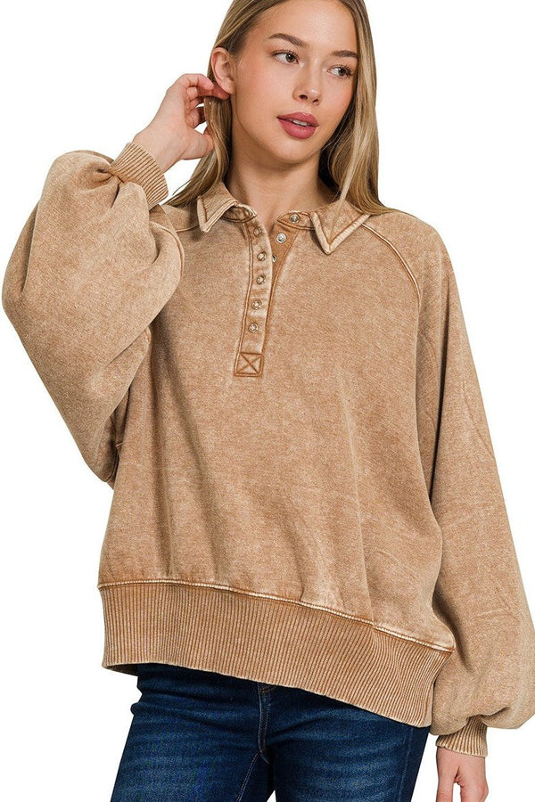 Acid Wash Button Up Pullover - Camel