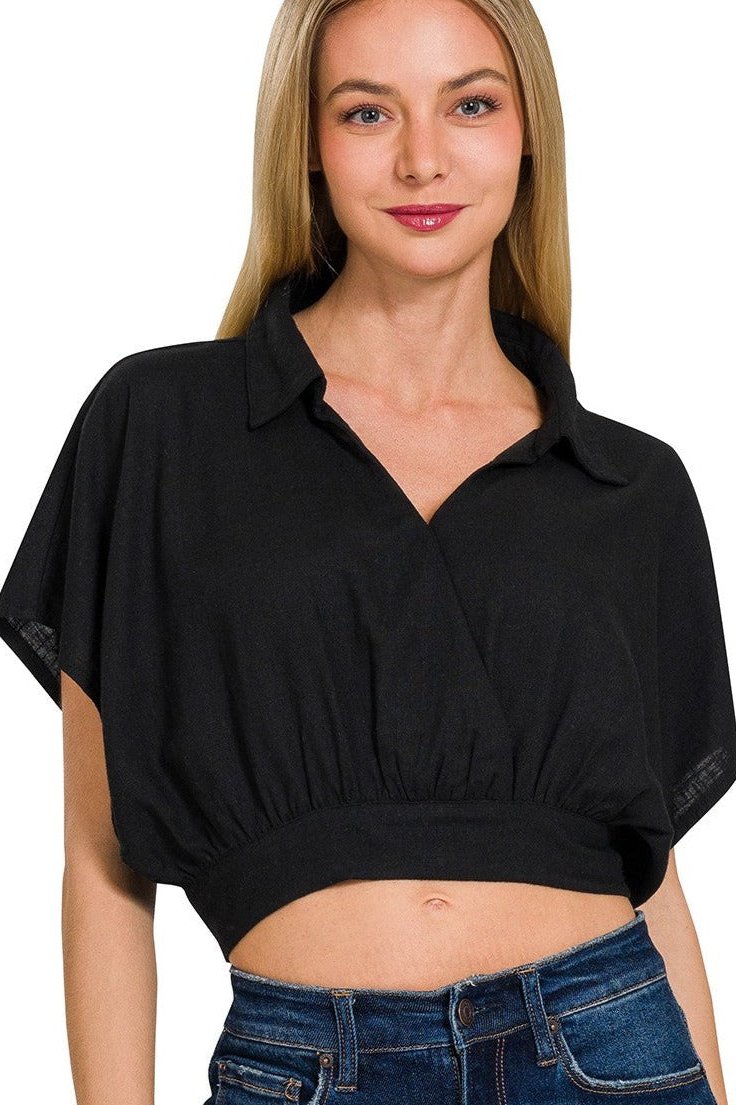 Collared Surplice Top - Black