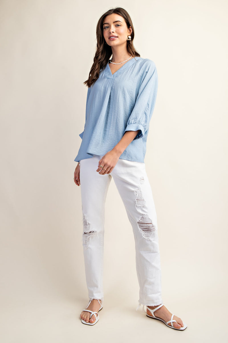 V-Neck Loose Fit Blouse - Chambray