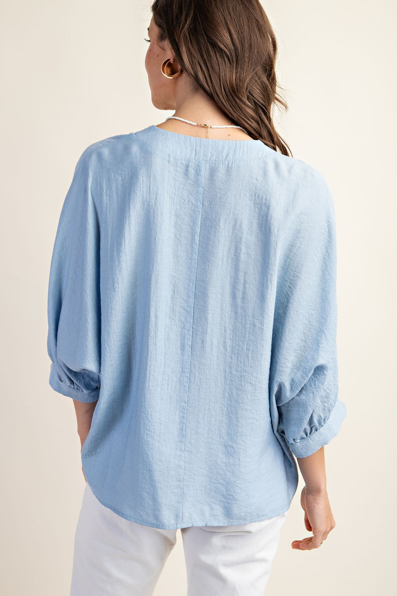 V-Neck Loose Fit Blouse - Chambray