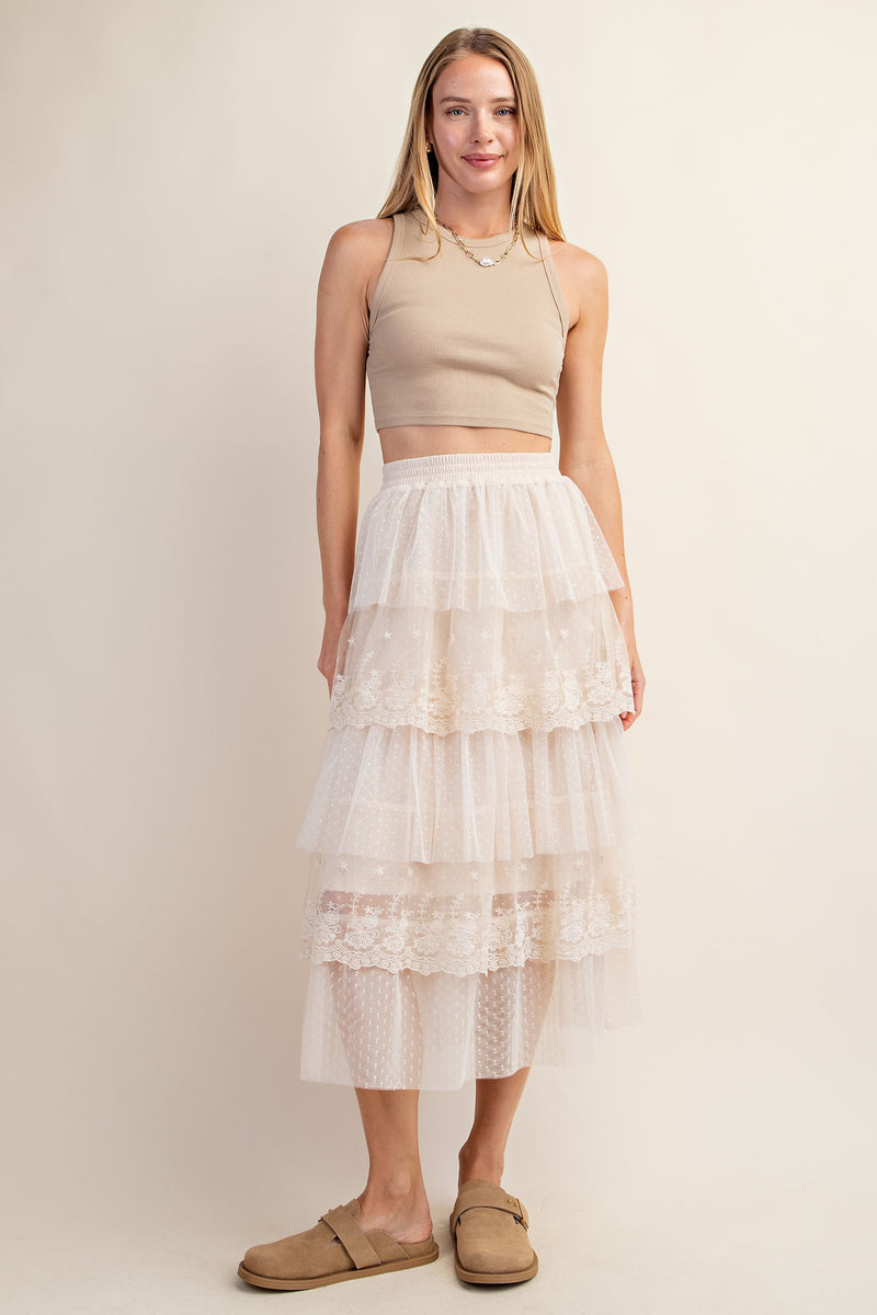 Ruffled Tulle Midi Skirt