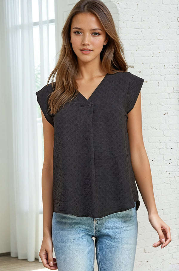 Textured Airflow V-Neck Top - Black