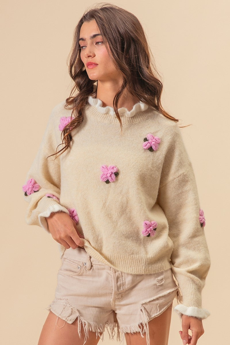 Ruffle Edge Detail Floral Sweater