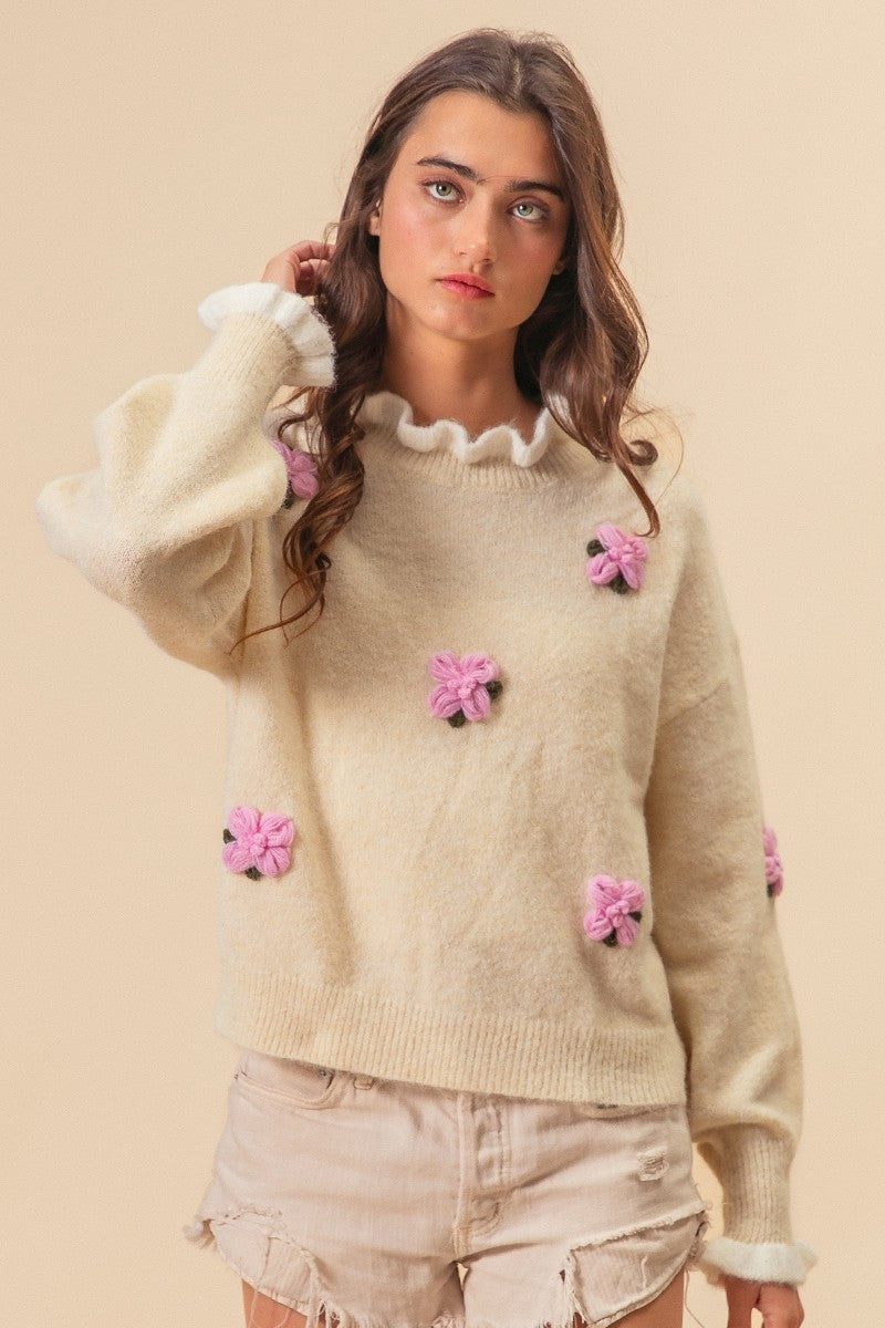 Ruffle Edge Detail Floral Sweater