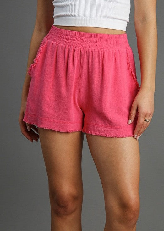 Fray Detail Linen Shorts - Hot Pink