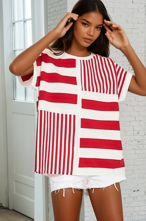 Mixed Stripe Oversized Top-Red