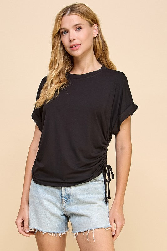 Ruched Side Basic Tee - Black