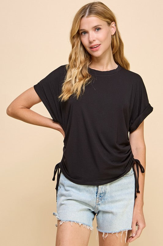 Ruched Side Basic Tee - Black