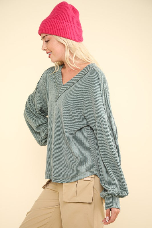 Ribbed Knit Loose Top - Moss