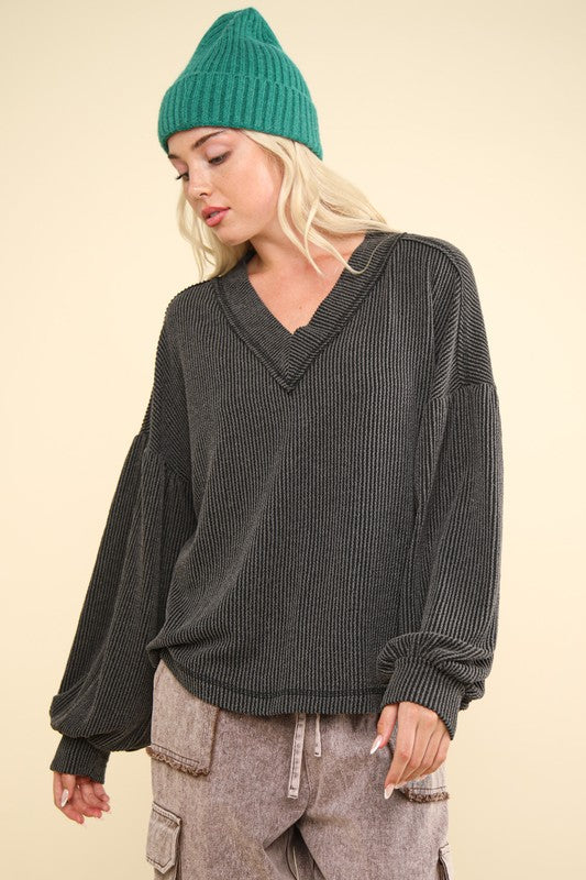 Ribbed Knit Loose Top - Charcoal