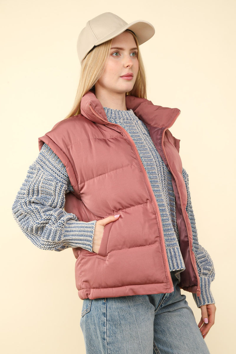 High Neck Puffer Vest - Mauve