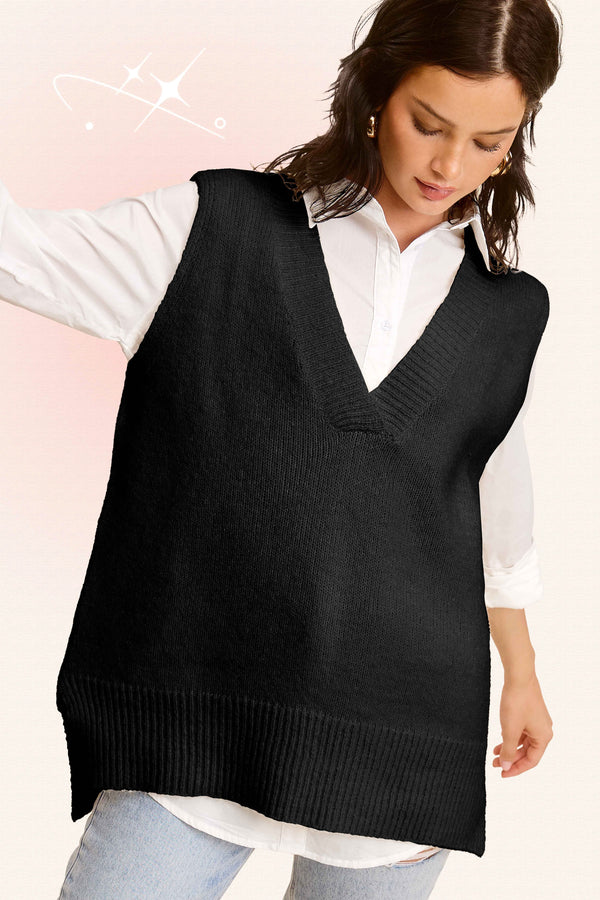 Knit Sweater Vest W/ Side Slit - Black