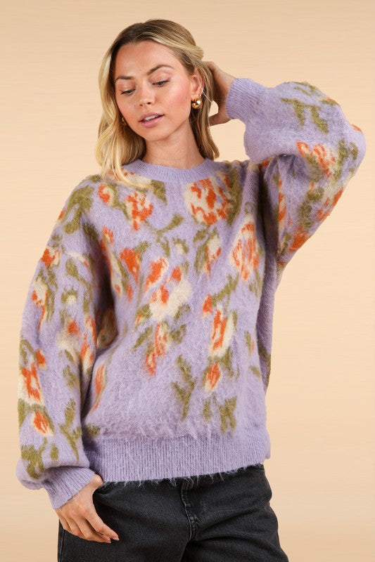 Fuzzy Lilac Floral Sweater