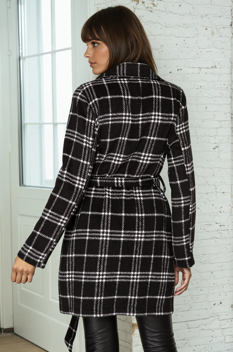 Plaid Print Open Front Coat - Black/White