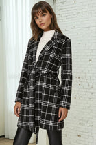 Plaid Print Open Front Coat - Black/White