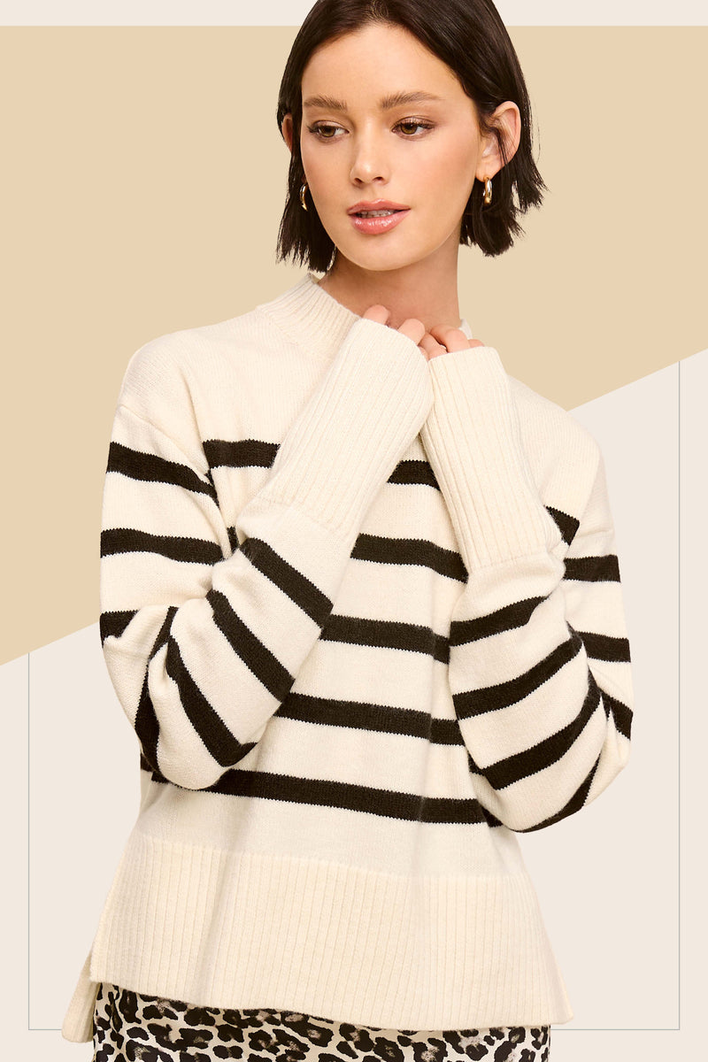 Mock Neck Striped Sweater - Off White