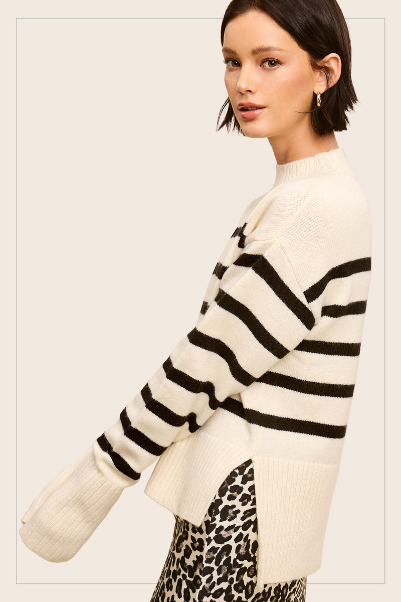 Mock Neck Striped Sweater - Off White