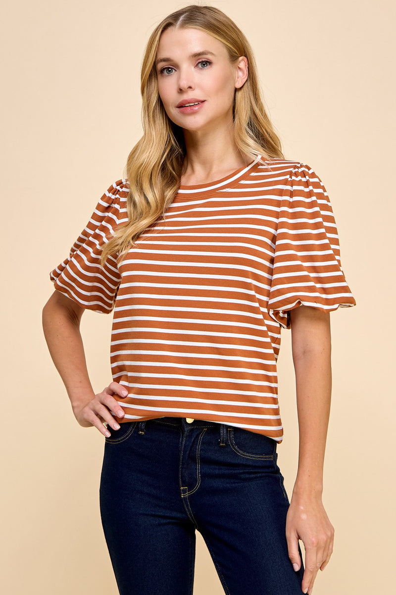 Striped Puff Sleeve Top - Adobe