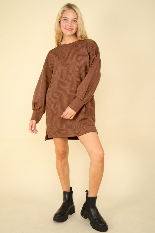 Long Sleeve Quilted Dress - Cocoa