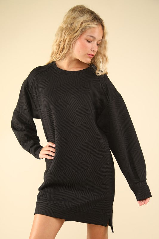 Long Sleeve Quilted Dress - Black