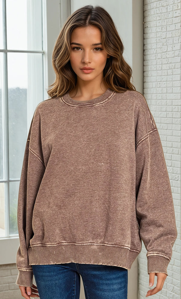 Acid Wash Fleece Pullover - Brown