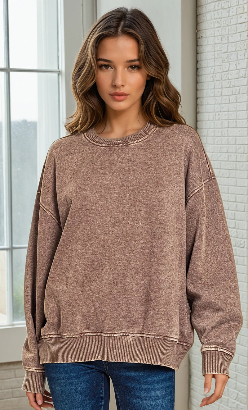 Acid Wash Fleece Pullover - Brown