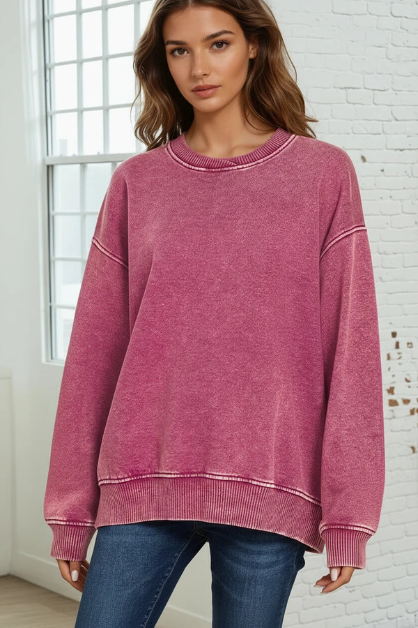 Acid Wash Fleece Pullover - Cabernet