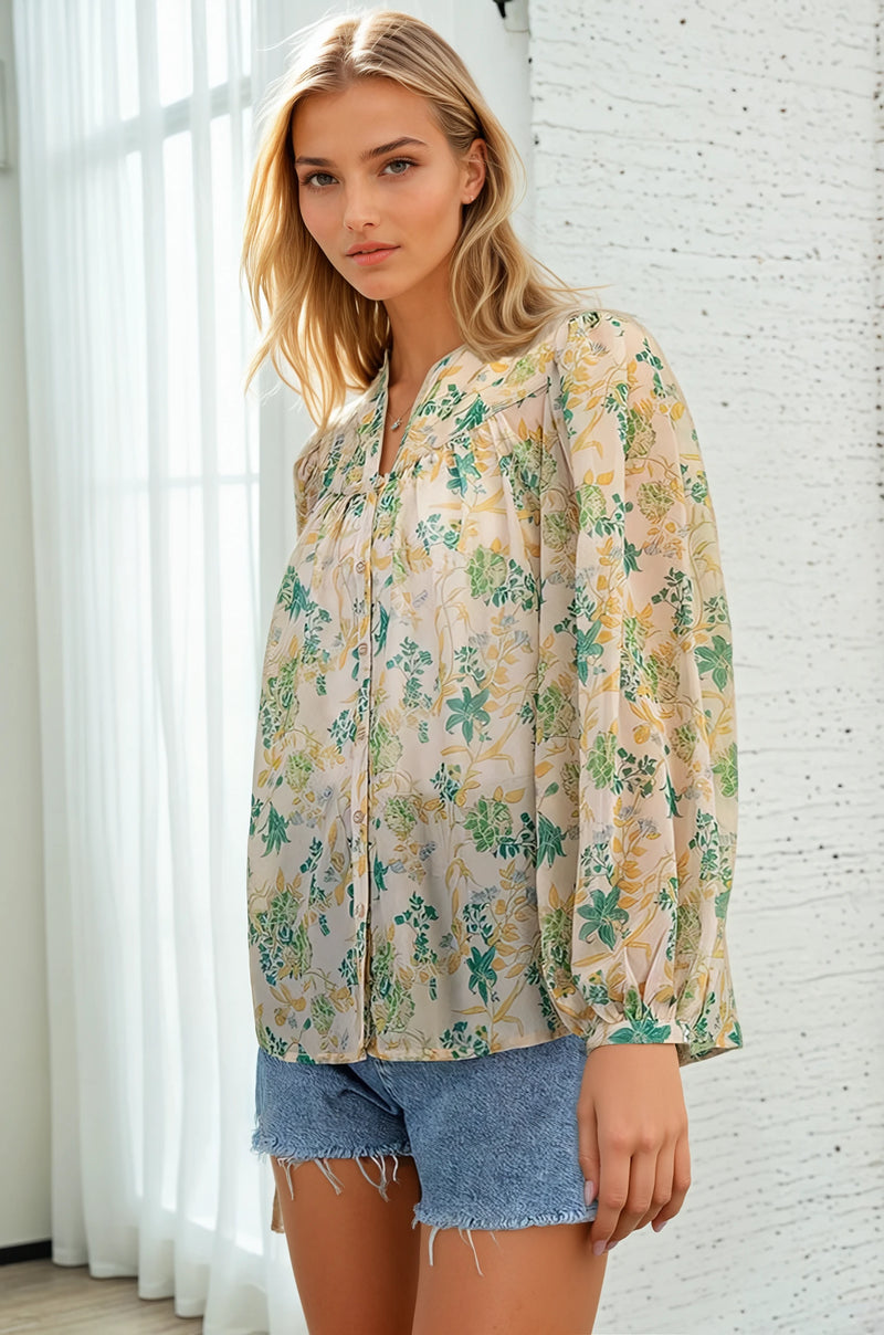 Sheer Long Sleeve Print Top