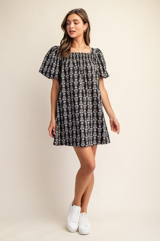 Smocked Square Neck Printed Dress