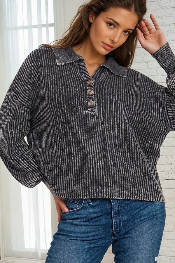 Washed Collared Henley Sweater