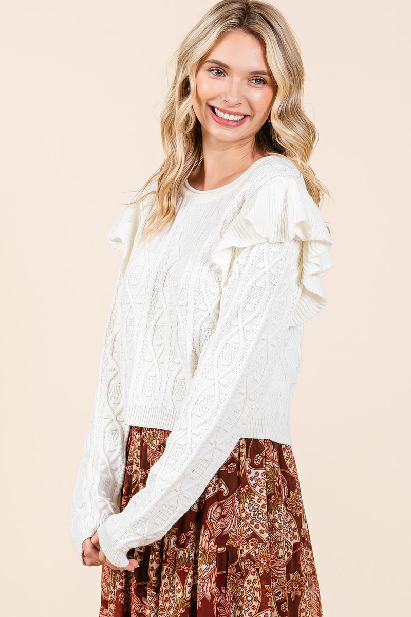 Ruffle Shoulder Cable Knit Sweater