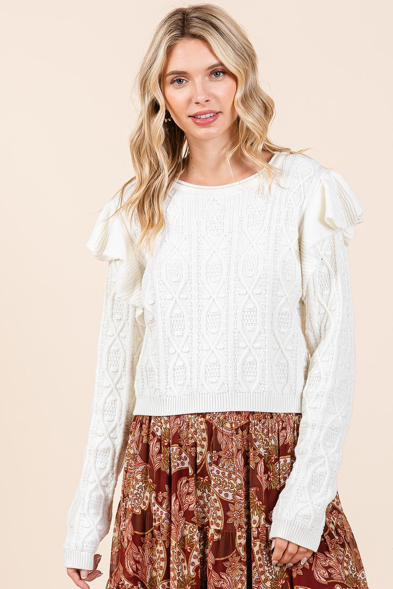 Ruffle Shoulder Cable Knit Sweater