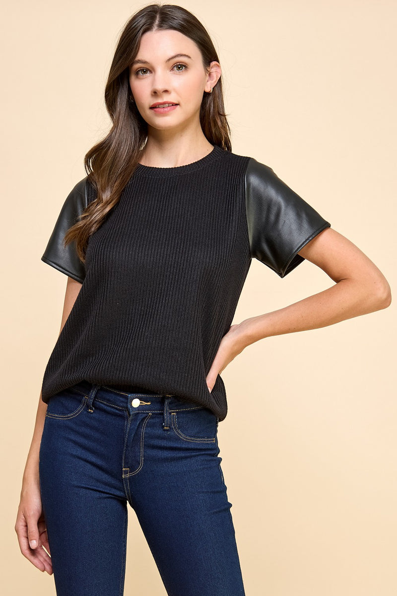 Leather Sleeve Solid Top - Black