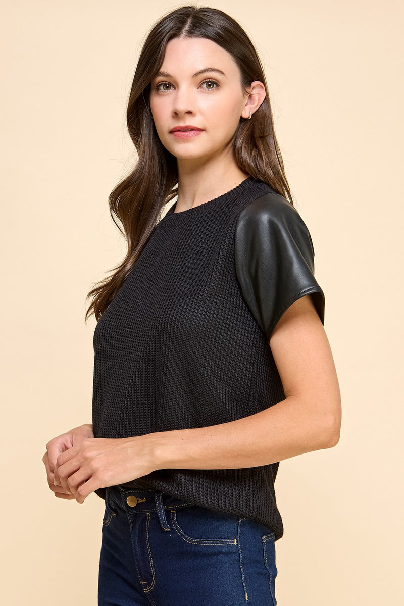 Leather Sleeve Solid Top - Black