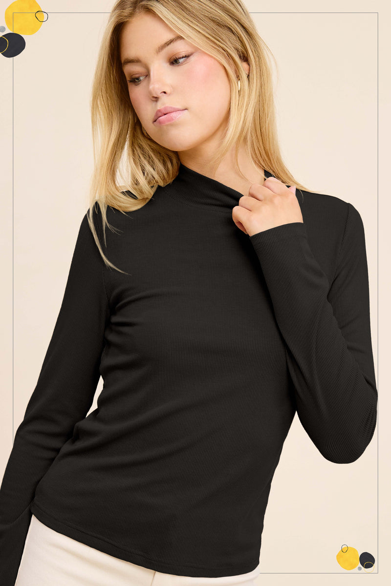 Ribbed Mock Neck Basic Top - Black