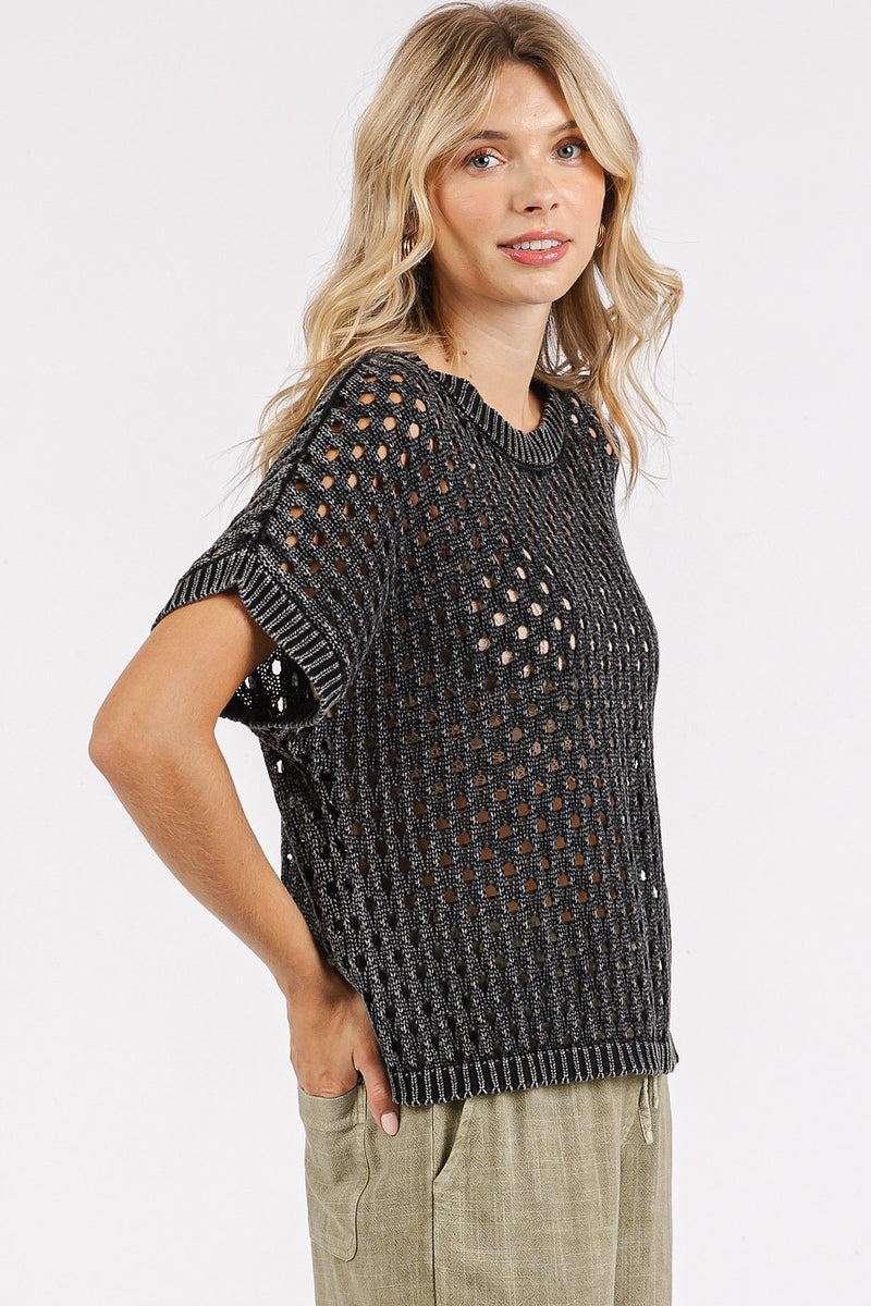 Open Knit Short Sleeve Sweater - Ash Black