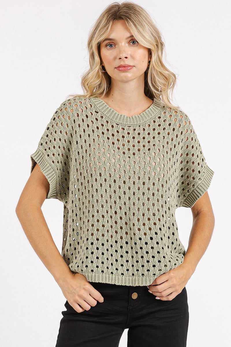 Open Knit Short Sleeve Sweater - Sage