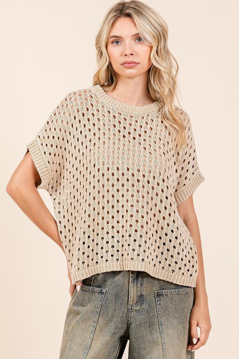 Open Knit Short Sleeve Sweater - Latte