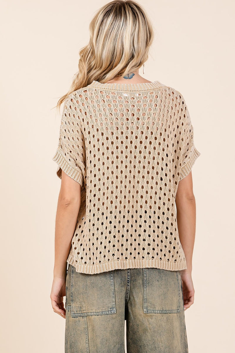 Open Knit Short Sleeve Sweater - Latte