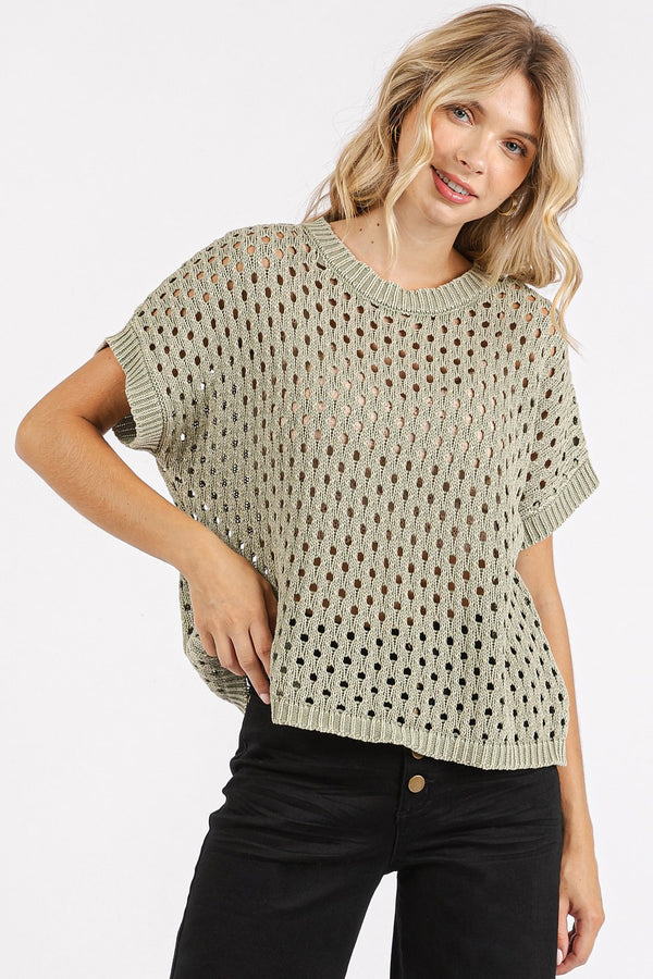 Open Knit Short Sleeve Sweater - Sage