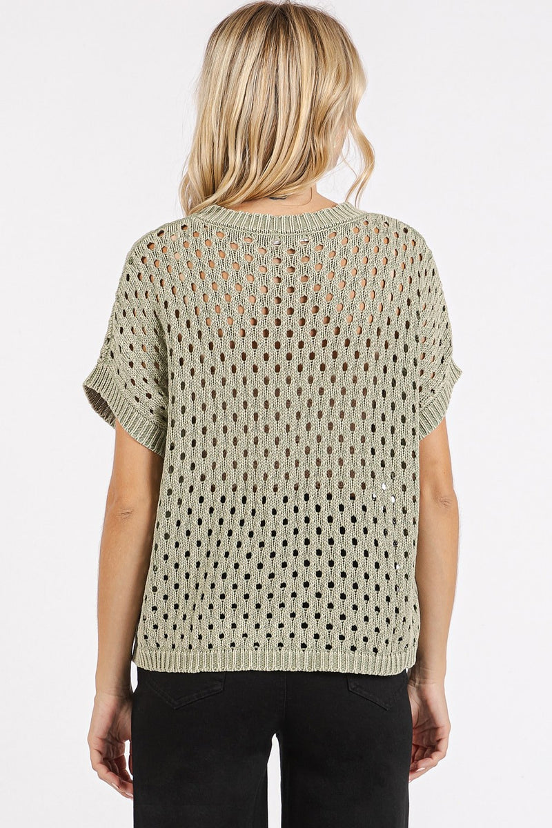 Open Knit Short Sleeve Sweater - Sage